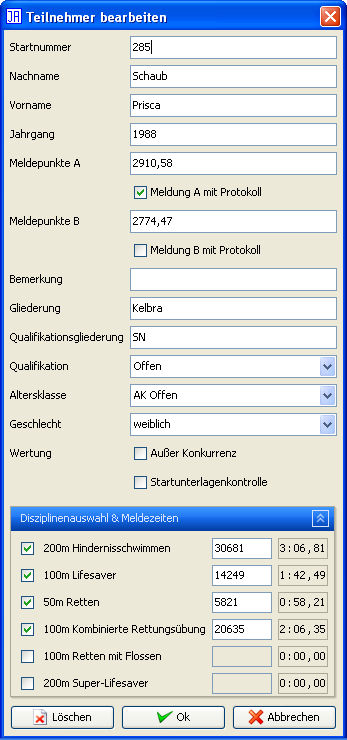 Meldungen: Teilnehmer/Mannschaft bearbeiten